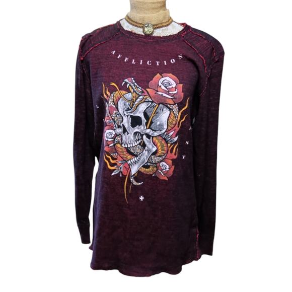 Affliction Dark Red Long Sleeve Skull T-shirt size L - Picture 1 of 3
